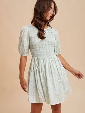 Smocked Mini Dress in Light Mint with Puff Sleeves